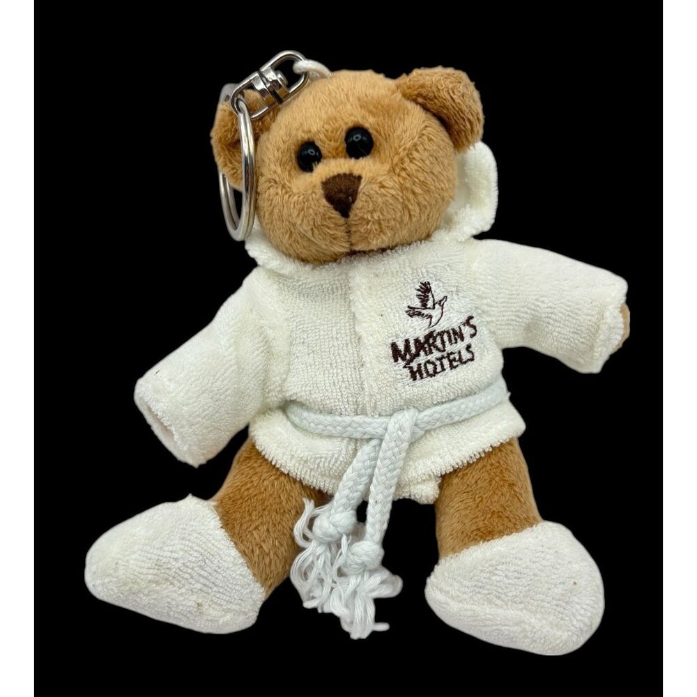 Martins Hotel Bear Keychain Plush Soft Stuffed Animal in White Robe Slippers